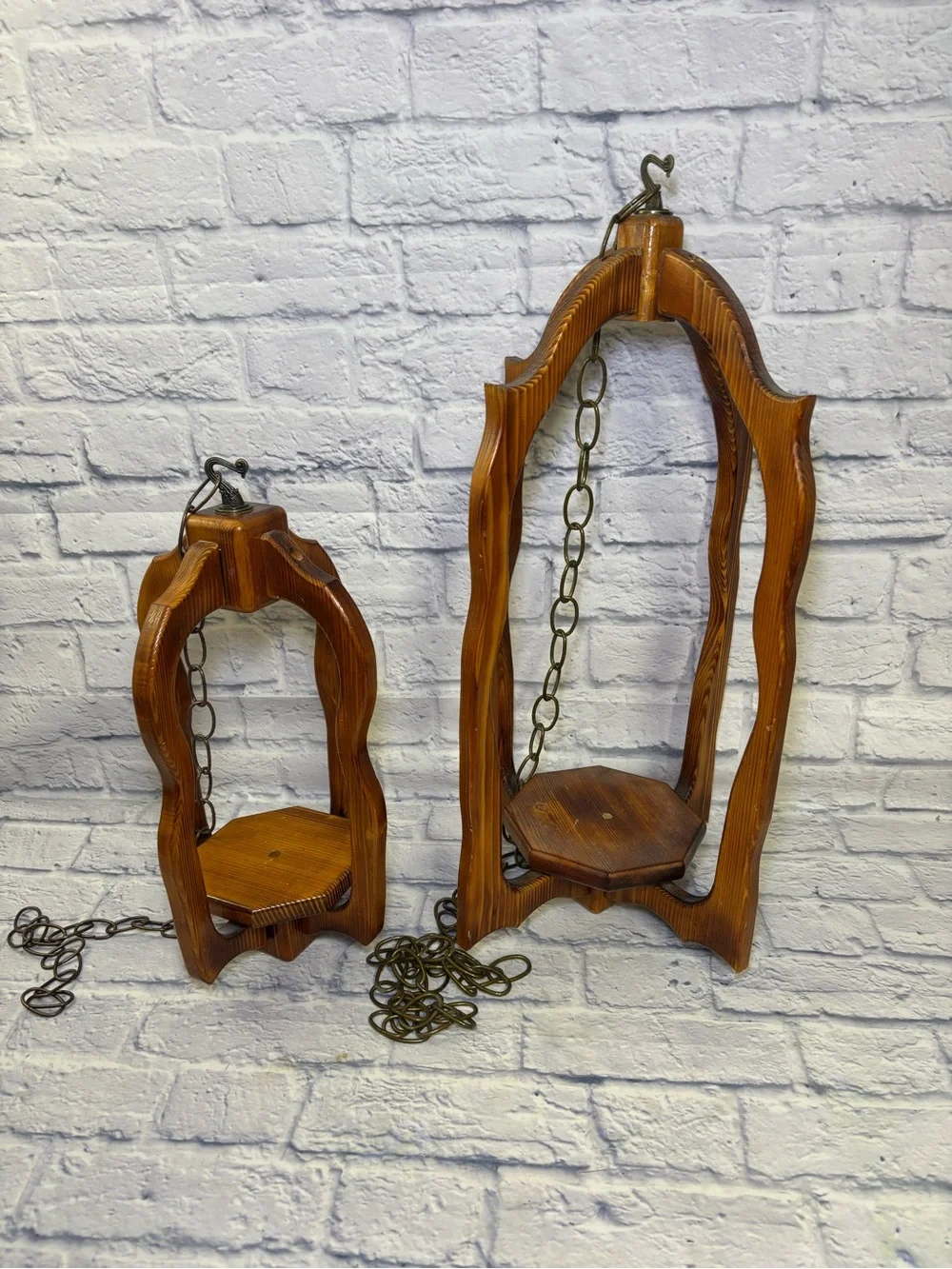 Mid Century Rustic Wooden Patio Candle Plant Lantern Hanging Holders Lot Of 2